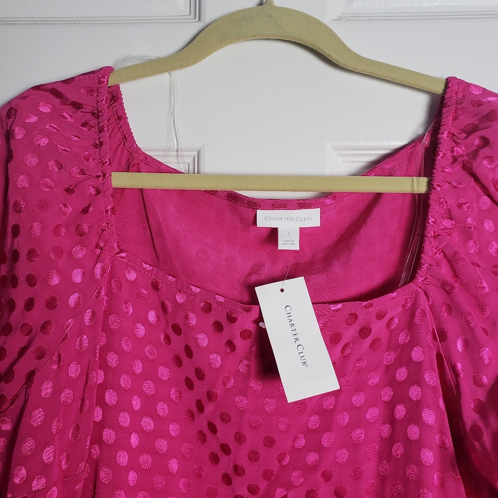 NWT Charter Club Fushia Polka Dot Long Sleeve Blouse - Picture 2 of 10
